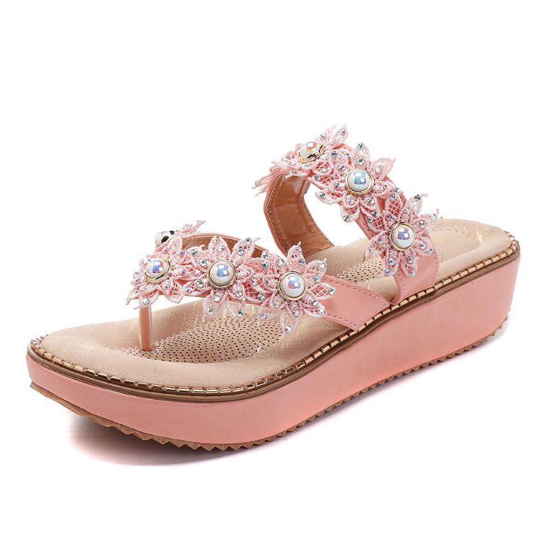 Retro Rhinestone Flowers Soft Slippers Mujer Zapatos De Verano