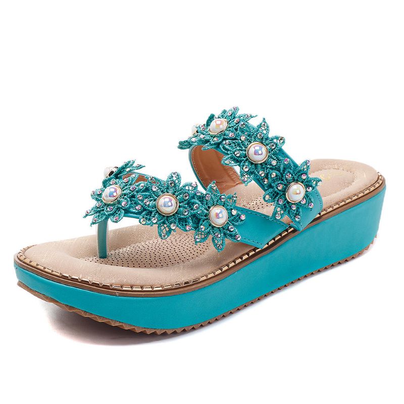 Retro Rhinestone Flowers Soft Slippers Mujer Zapatos De Verano