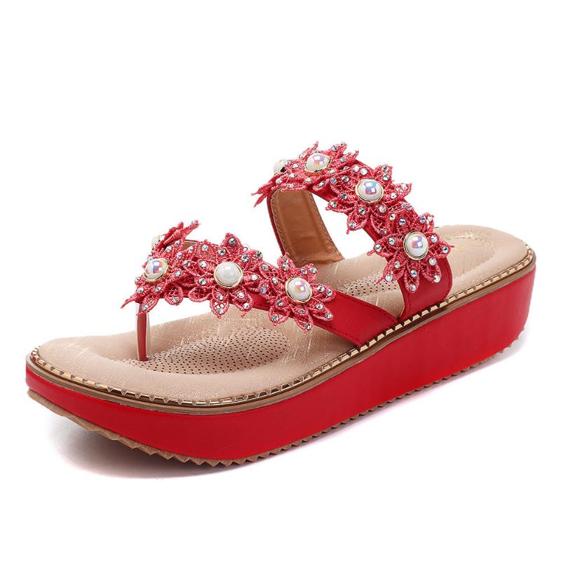 Retro Rhinestone Flowers Soft Slippers Mujer Zapatos De Verano