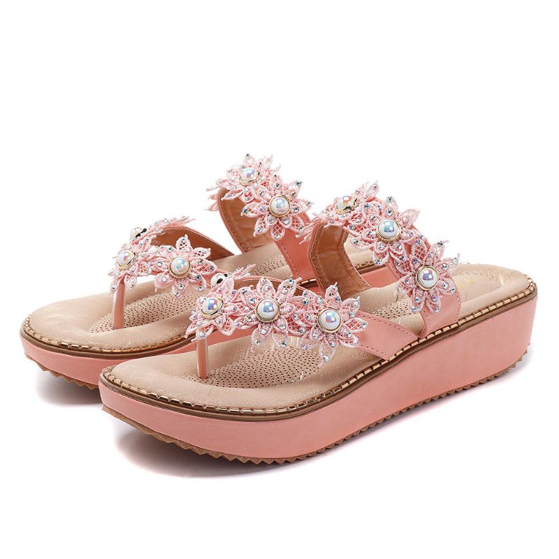 Retro Rhinestone Flowers Soft Slippers Mujer Zapatos De Verano