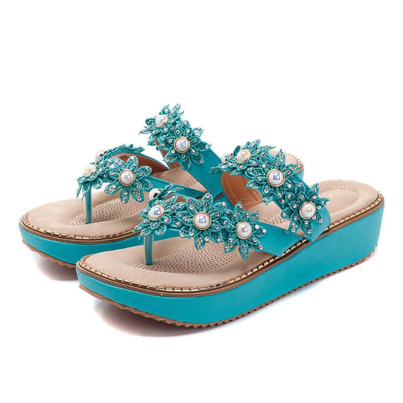 Retro Rhinestone Flowers Soft Slippers Mujer Zapatos De Verano