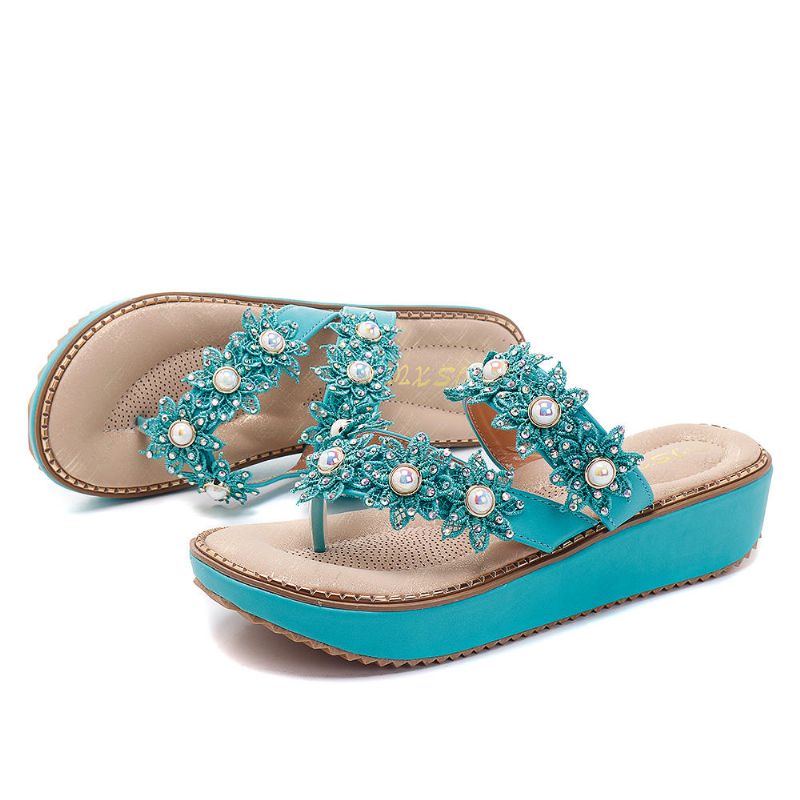 Retro Rhinestone Flowers Soft Slippers Mujer Zapatos De Verano