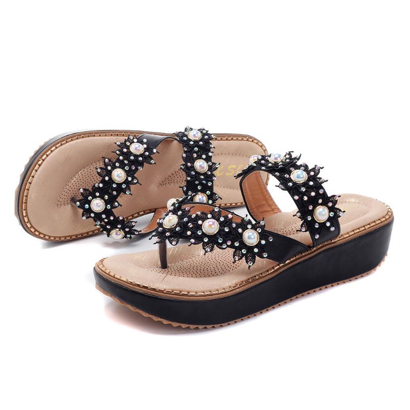 Retro Rhinestone Flowers Soft Slippers Mujer Zapatos De Verano