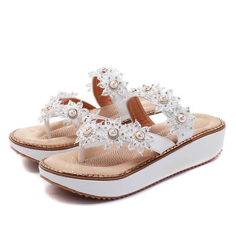 Retro Rhinestone Flowers Soft Slippers Mujer Zapatos De Verano