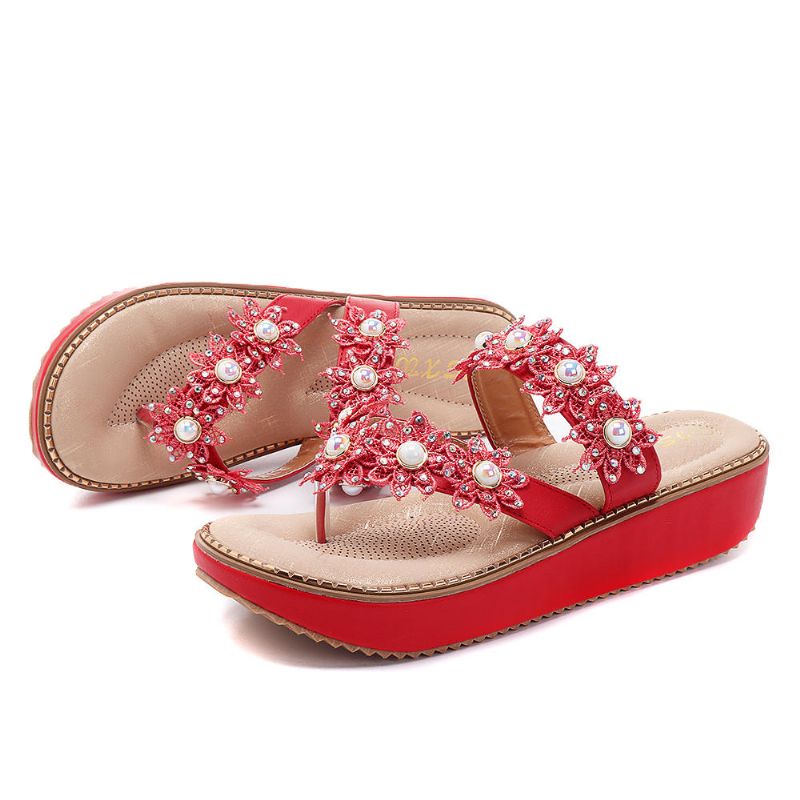 Retro Rhinestone Flowers Soft Slippers Mujer Zapatos De Verano