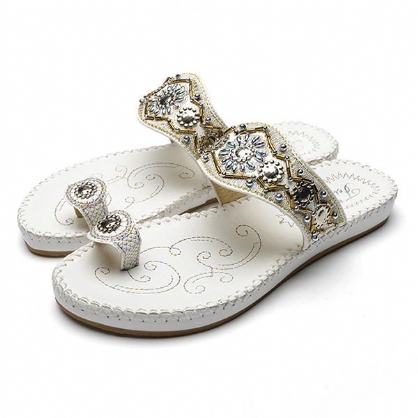 Sandalias De Bohemia Para Mujer Con Punta De Clip Bordado Plano Zapatilla De Playa Informal