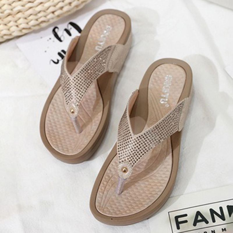 Sandalias Con Chanclas Para Mujer Zapatillas Con Plataforma De Diamantes De Imitación En La Playa