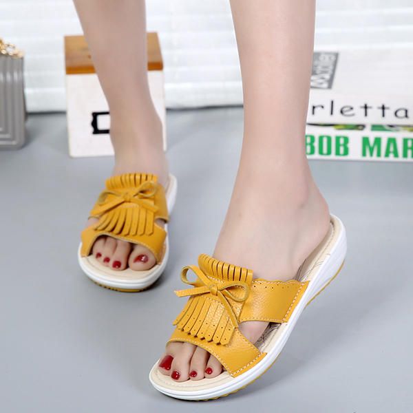 Sandalias Planas Con Borlas De Cuero Y Zapatos Casuales Para Mujer