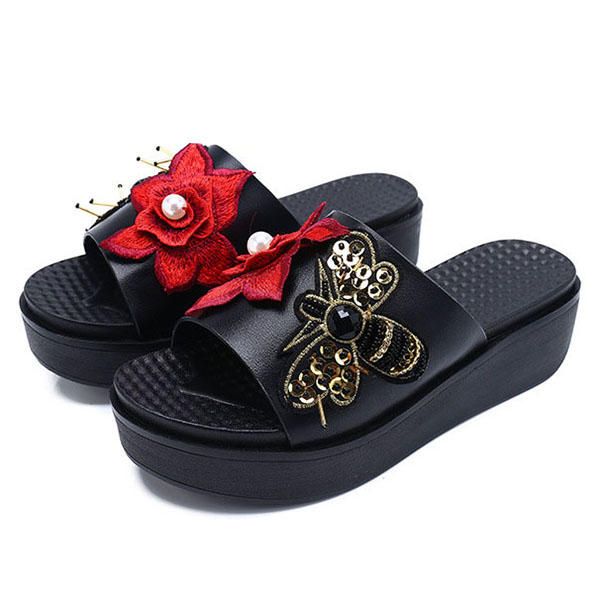 Sandalias De Verano Para Mujer Zapatillas Con Bordado De Flores De Suela Suave