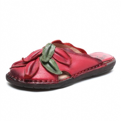 Slip On Retro Flower Casual Zapatillas De Punta Redonda De Cuero Genuino Para Mujer