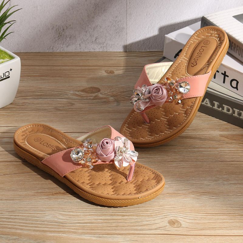 Zapatillas Con Punta De Clip De Diamantes De Imitación De Flores De Playa Para Mujer