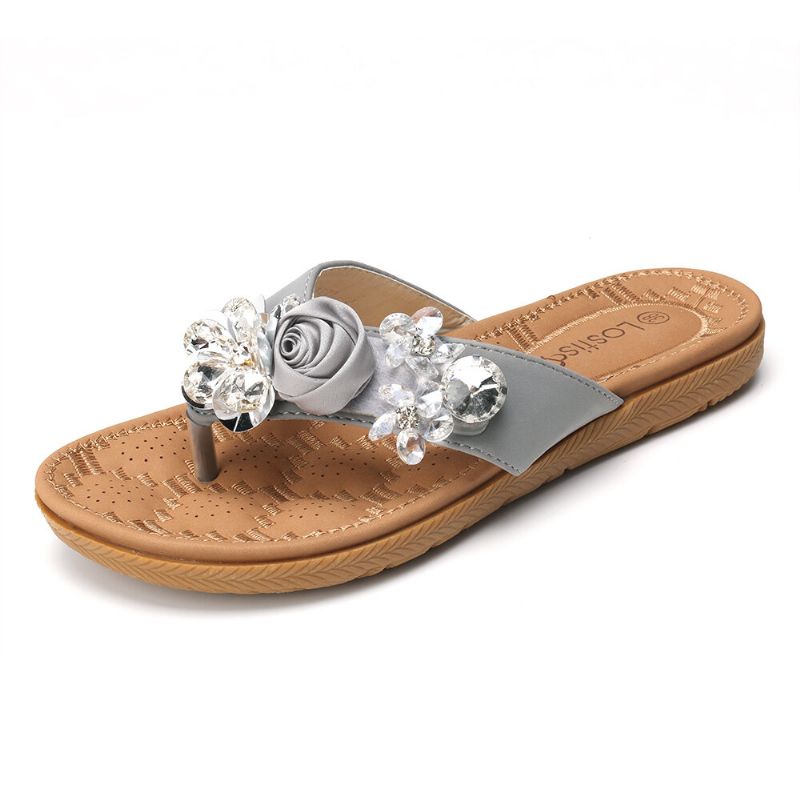 Zapatillas Con Punta De Clip De Diamantes De Imitación De Flores De Playa Para Mujer