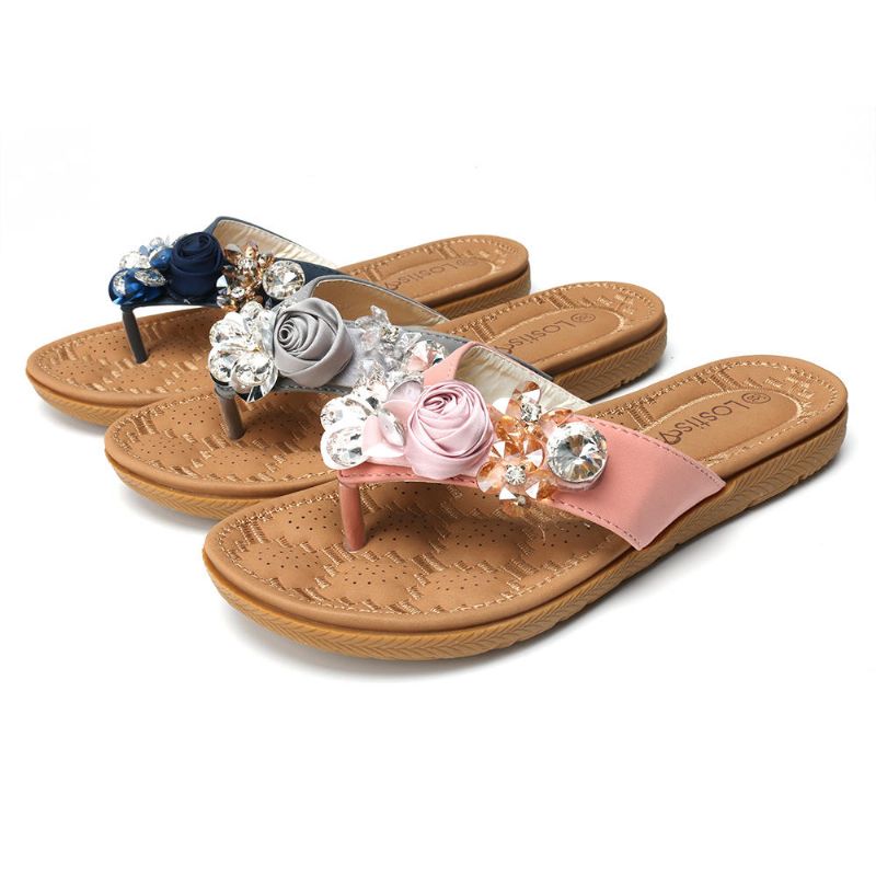 Zapatillas Con Punta De Clip De Diamantes De Imitación De Flores De Playa Para Mujer