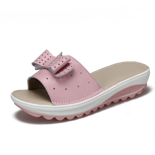 Zapatillas De Cuña De Plataforma Transpirable De Cuero Con Nudo De Mariposa Para Mujer