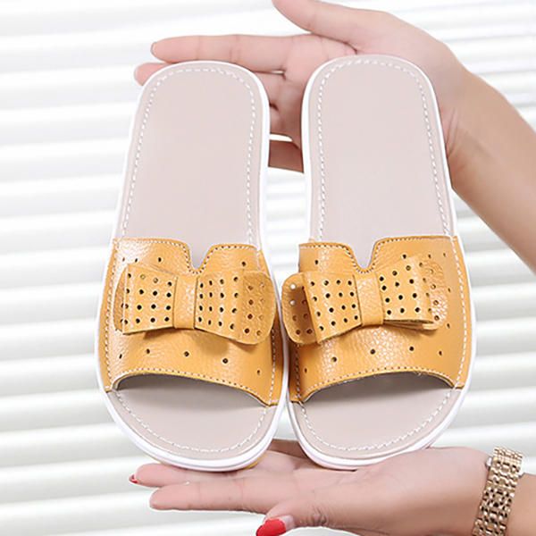 Zapatillas De Cuña De Plataforma Transpirable De Cuero Con Nudo De Mariposa Para Mujer