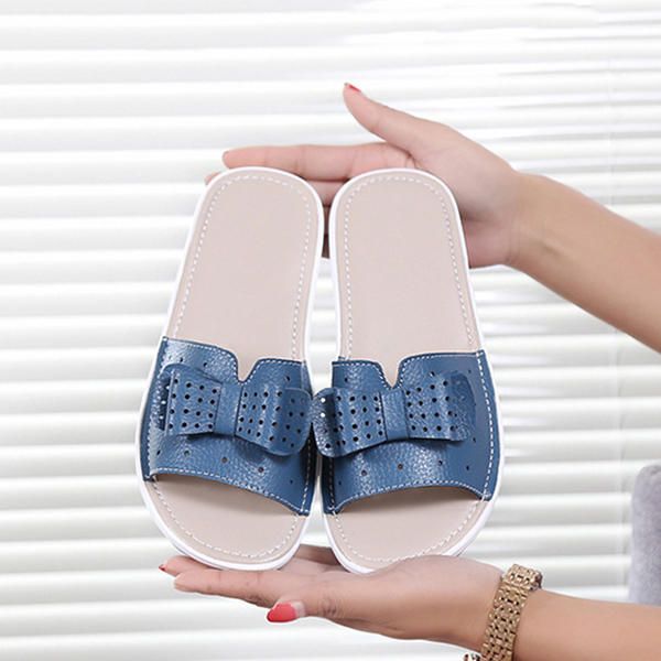 Zapatillas De Cuña De Plataforma Transpirable De Cuero Con Nudo De Mariposa Para Mujer