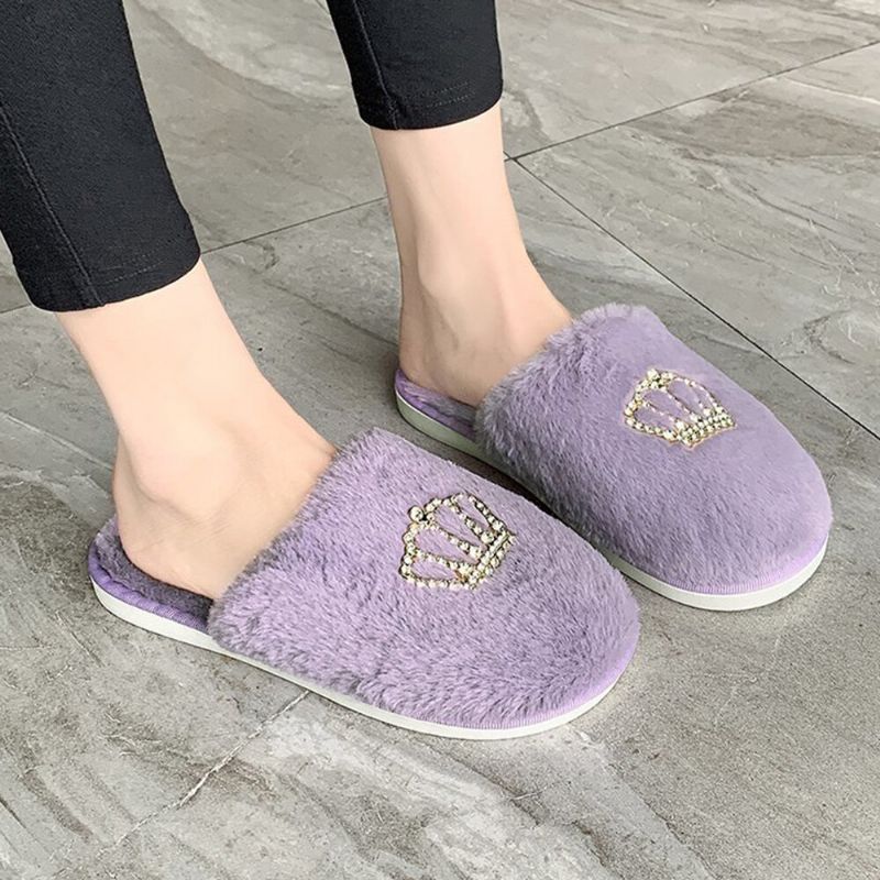 Zapatillas De Interior De Invierno Con Decoración De Corona De Diamantes De Imitación Cálidos De Felpa Informal Para Mujer