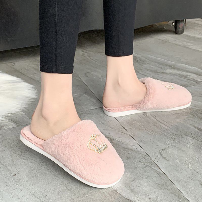 Zapatillas De Interior De Invierno Con Decoración De Corona De Diamantes De Imitación Cálidos De Felpa Informal Para Mujer