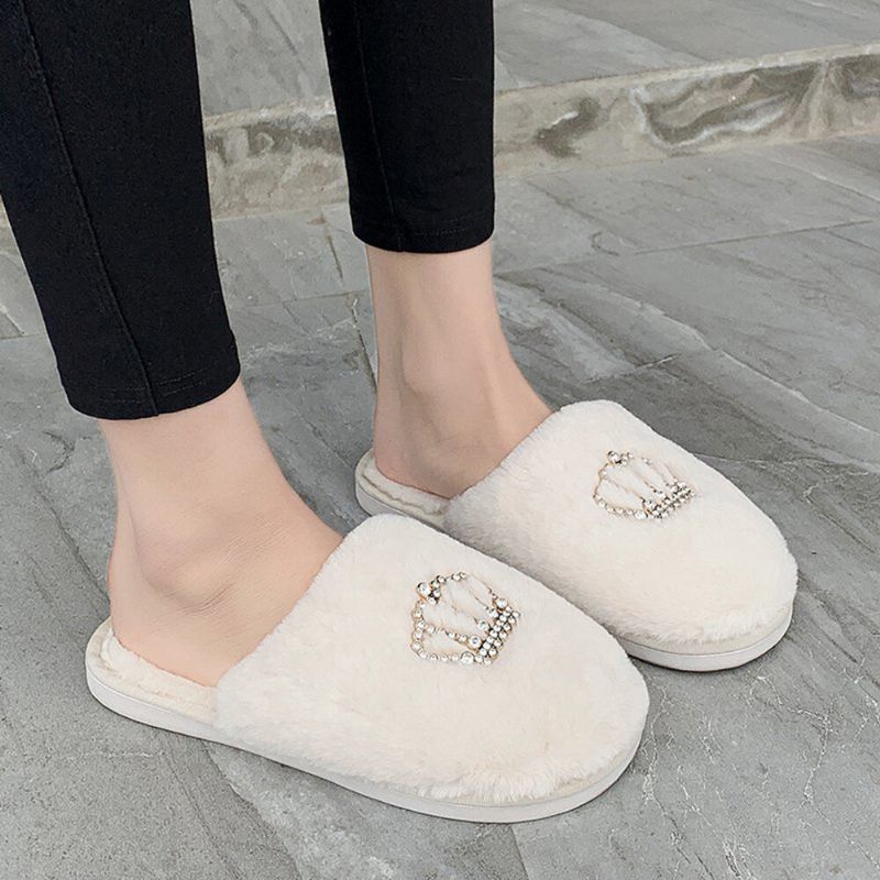 Zapatillas De Interior De Invierno Con Decoración De Corona De Diamantes De Imitación Cálidos De Felpa Informal Para Mujer