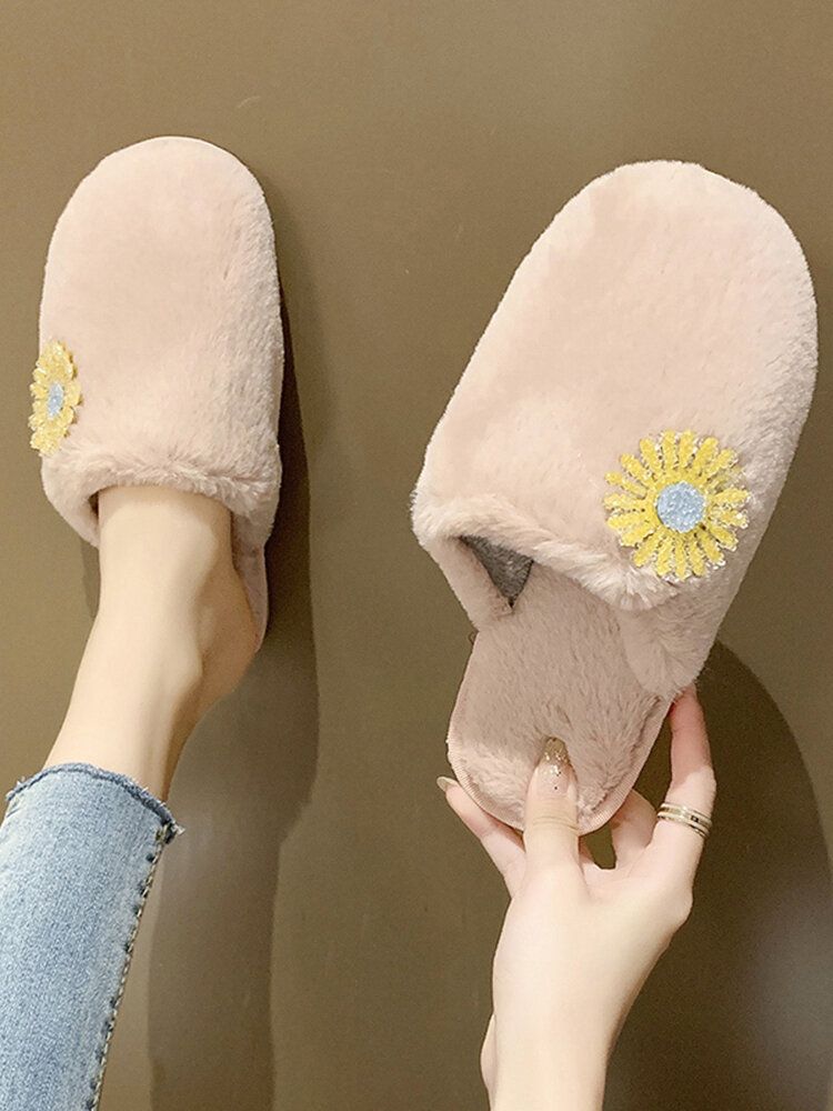 Zapatillas De Interior De Invierno De Felpa Cálidas Con Decoración De Margaritas Cómodas Para Mujer