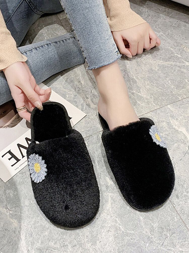 Zapatillas De Interior De Invierno De Felpa Cálidas Con Decoración De Margaritas Cómodas Para Mujer