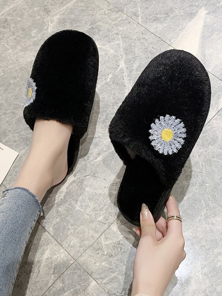 Zapatillas De Interior De Invierno De Felpa Cálidas Con Decoración De Margaritas Cómodas Para Mujer