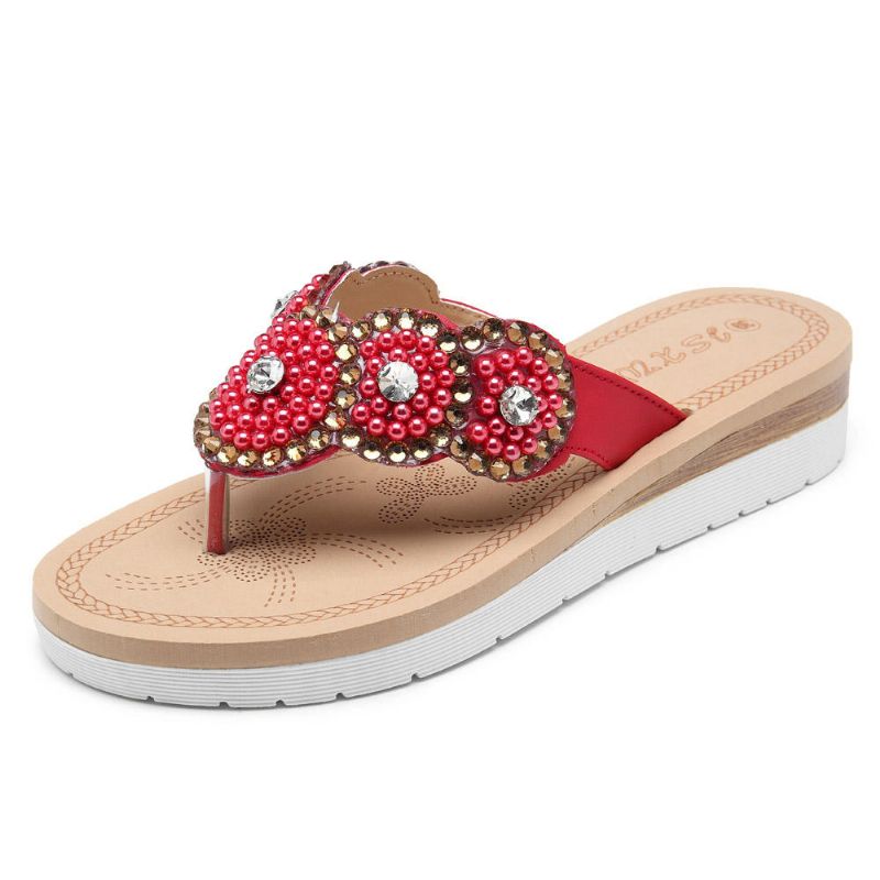 Zapatillas De Playa Bohemias Cómodas Con Perlas Informales Para Mujer