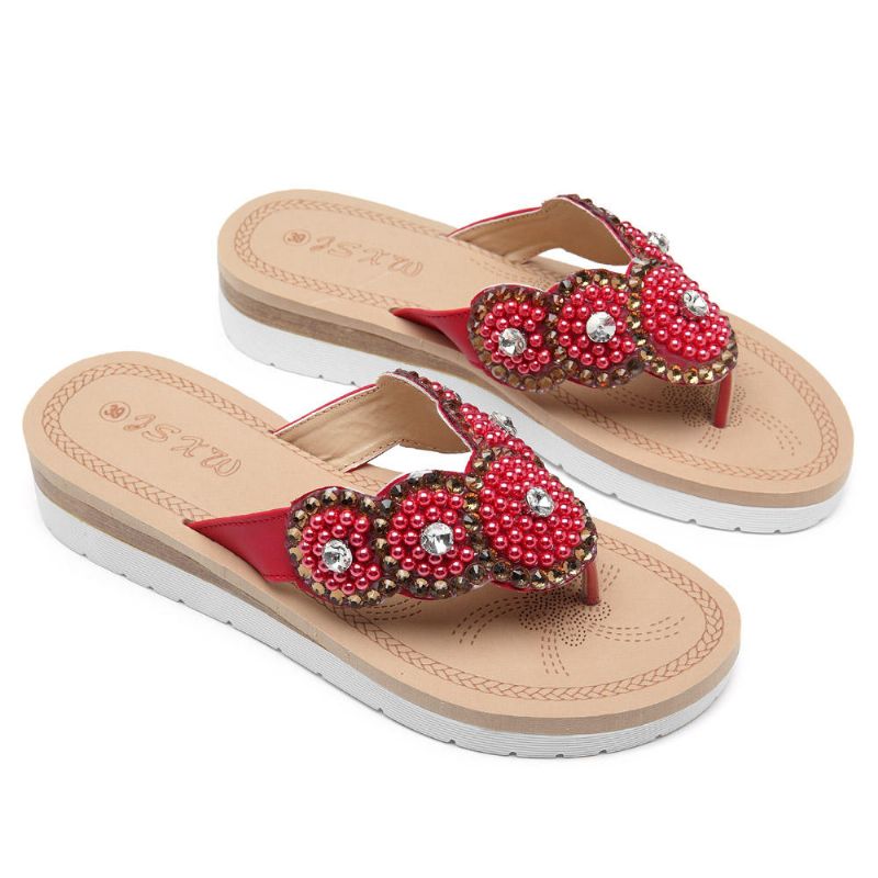 Zapatillas De Playa Bohemias Cómodas Con Perlas Informales Para Mujer