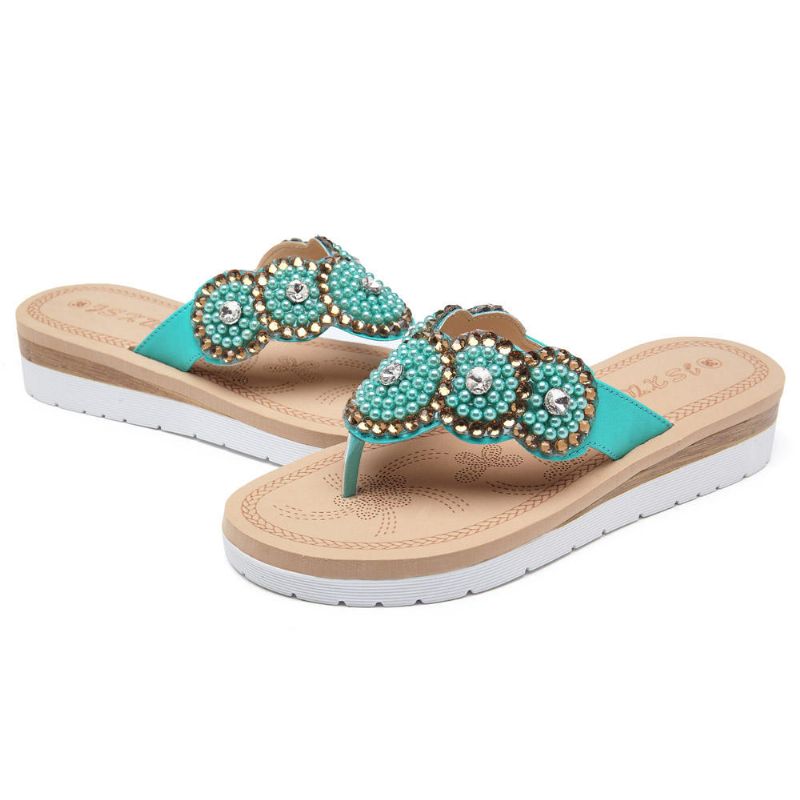 Zapatillas De Playa Bohemias Cómodas Con Perlas Informales Para Mujer