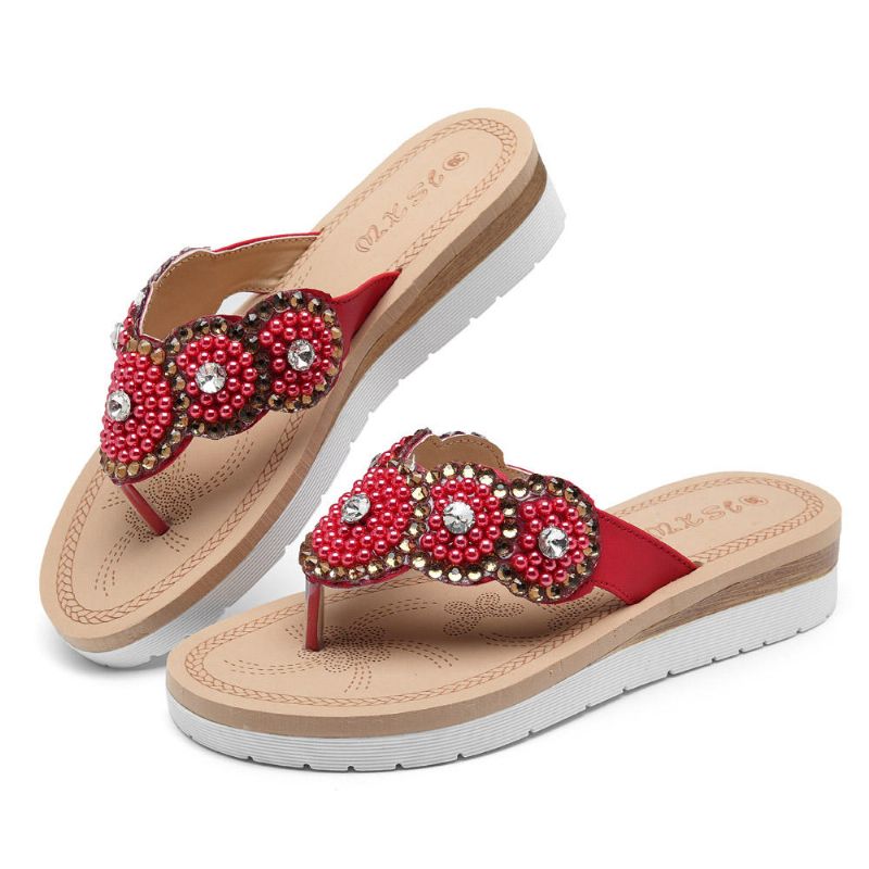 Zapatillas De Playa Bohemias Cómodas Con Perlas Informales Para Mujer