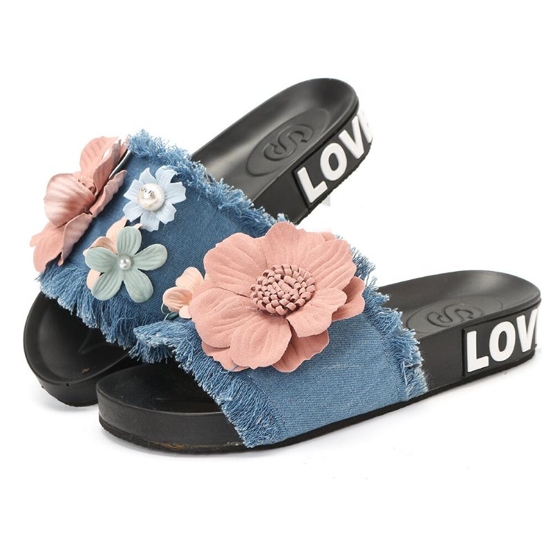 Zapatillas De Tela Vaquera Con Flores De Playa Informales Para Mujer