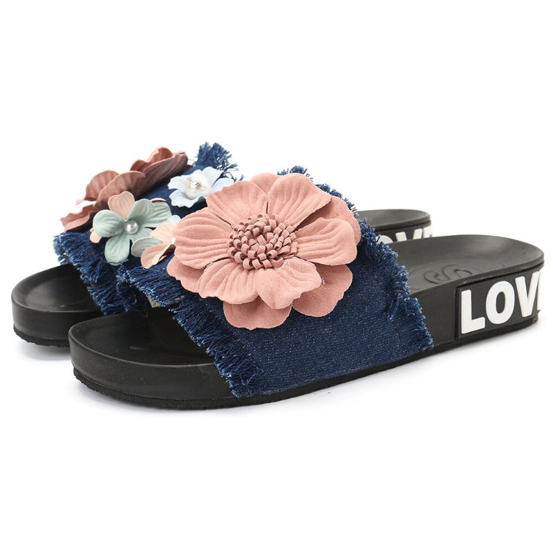 Zapatillas De Tela Vaquera Con Flores De Playa Informales Para Mujer